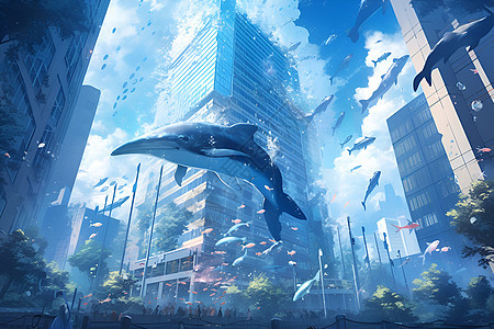 鲸鱼在城市上空的奇观图片