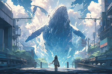梦幻城市上空的鲸鱼背景图片
