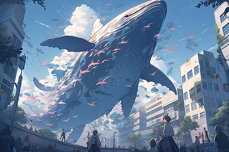 电影建筑素材梦幻世界中城市上空的鲸鱼插画