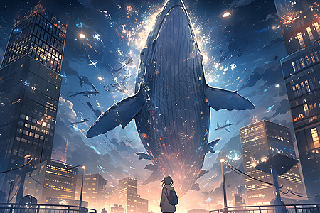 奇幻世界中城市上空的鲸鱼图片