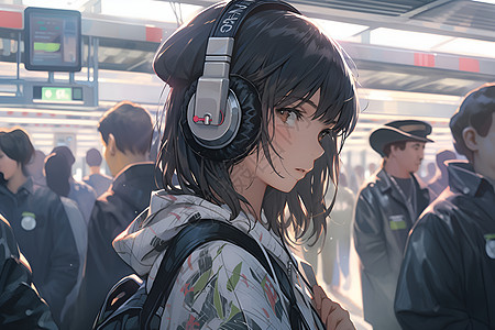 地铁中戴耳机的人背景图片