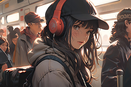 地铁中听歌的女孩背景图片