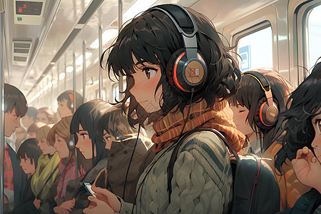 公交上听歌的女孩背景图片