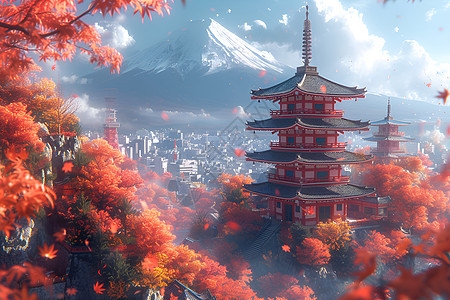 红叶环绕的宝塔与雪山高清图片