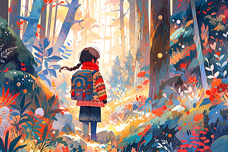 神奇森林中探索的小女孩背景图片