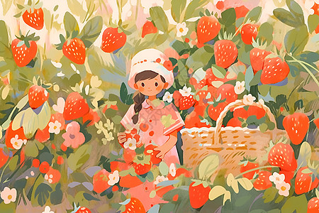 小女孩身旁有一个装满草莓的篮子图片