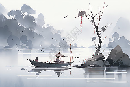 湖上徐徐行进的木舟图片