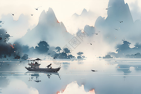 湖水与山峦相映木船漂浮其中背景图片