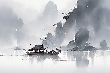 山水画中的一艘木船在宁静湖泊上漂浮图片
