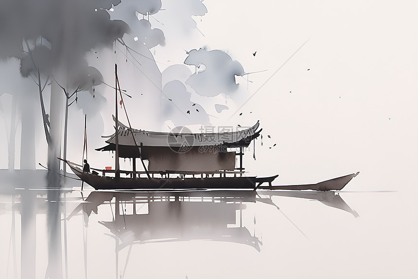 静谧湖泊上的木船图片