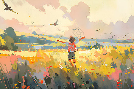 草地上一个小男孩背景图片