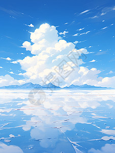 碧蓝天空下的盐湖倒影图片