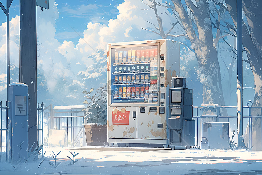 雪地中一台彩色迷你自动售货机图片