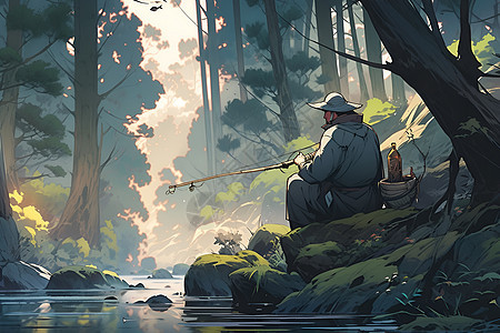 森林中的钓鱼人图片