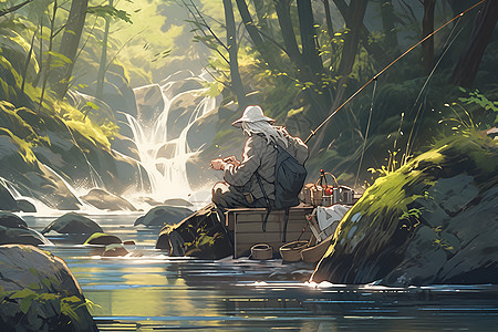 河间森林中一位老渔夫图片