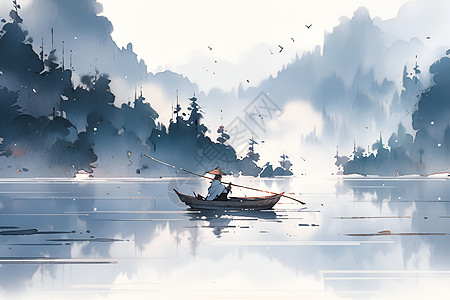 湖中垂钓朦胧小木舟高清图片
