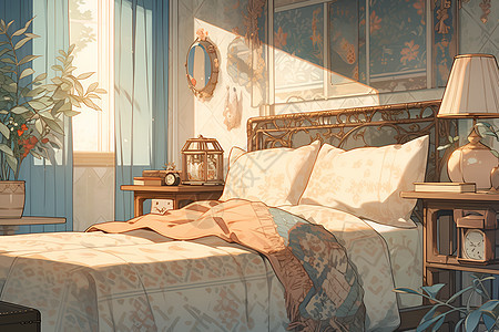 入眠的宁静床上铺满了枕头盖着温暖的被子床头柔和的灯光图片