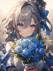 可爱的少女拿着蓝色花朵图片