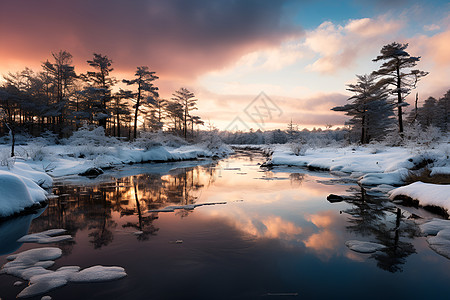 冬天户外冬日黄昏的雪地河流背景