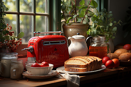 厨房的面包机和面包背景图片