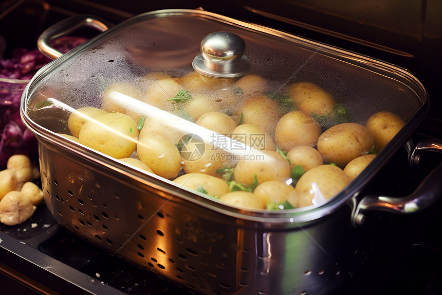 土豆和洋葱放在炉子里图片