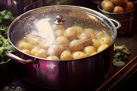 锅中煮着一锅马铃薯背景图片
