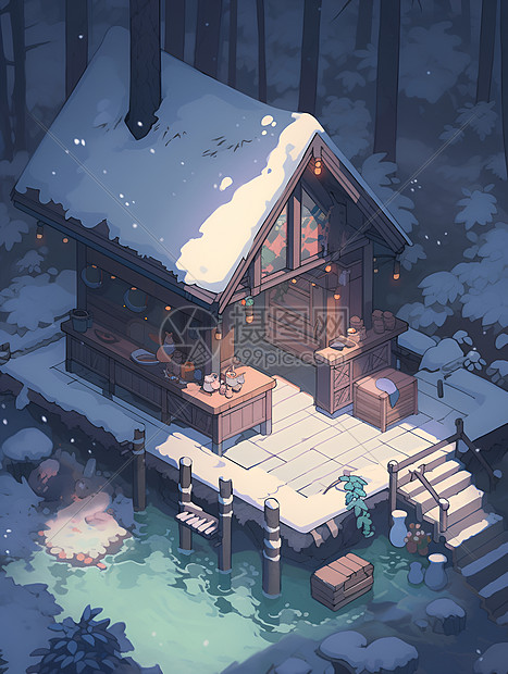 冬日静谧雪中小屋图片