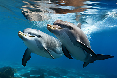 水中游泳海洋中两只海豚背景