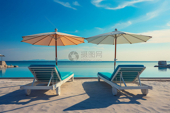 海边遮阳伞和躺椅图片