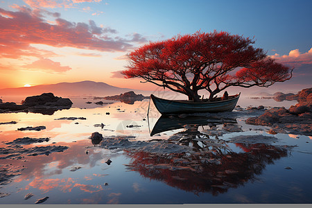 海景夕阳朝霞映照小船背景