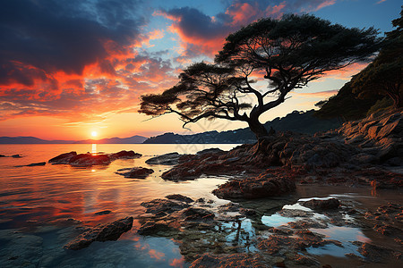 树与海的相遇背景图片