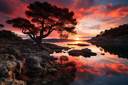 海景夕阳夕阳下的岩石海岸背景