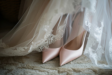 婚纱中的结婚高跟鞋高清图片