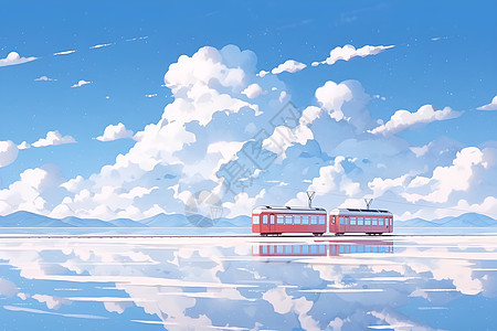 湖泊上行驶的红色列车图片