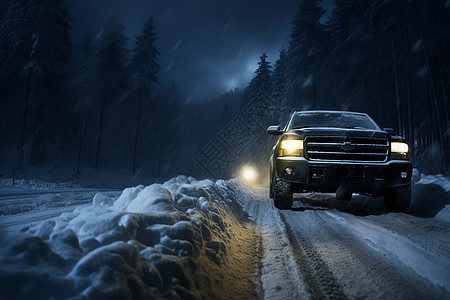 夜晚雪地中行驶的汽车背景图片