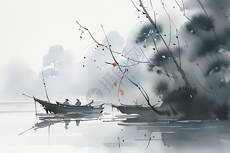 湖上雾中木船图片