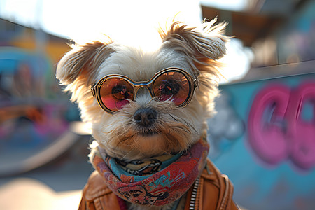 可爱小狗滑板街头高清图片