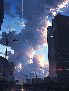 城市上空云朵中的阳光背景图片