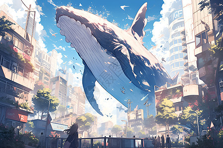 城市飞翔的鲸鱼背景图片