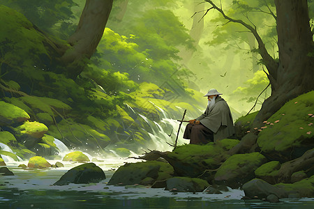 渔夫坐在河畔的岩石上图片