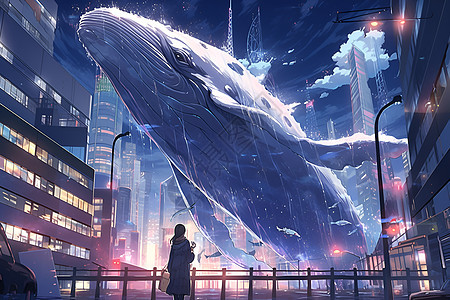 巨大的鲸鱼驶过城市图片
