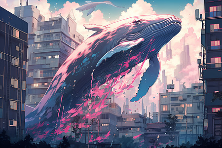 城市幻景鲸鱼背景图片