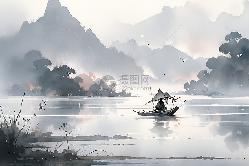 静谧湖畔孤舟映山水图片