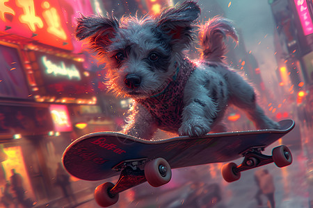 夜晚城市街头滑板的狗狗图片