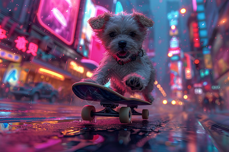 狗狗踏着滑板在城市夜色中高清图片