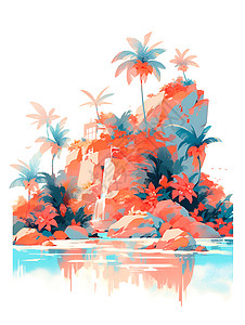 翠绿与珊瑚色热带天堂插画