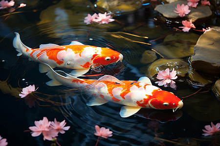 锦鲤背景粉色花朵绽放水面两只锦鲤游弋花香锦鲤背景