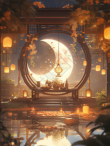 弯月下的楼阁背景图片
