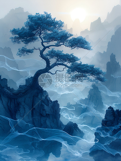 山川之间的一颗蓝色古树图片