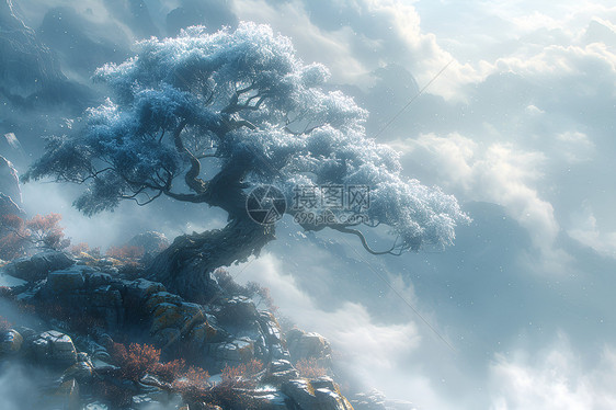 云海凌空挺立的盆景树图片